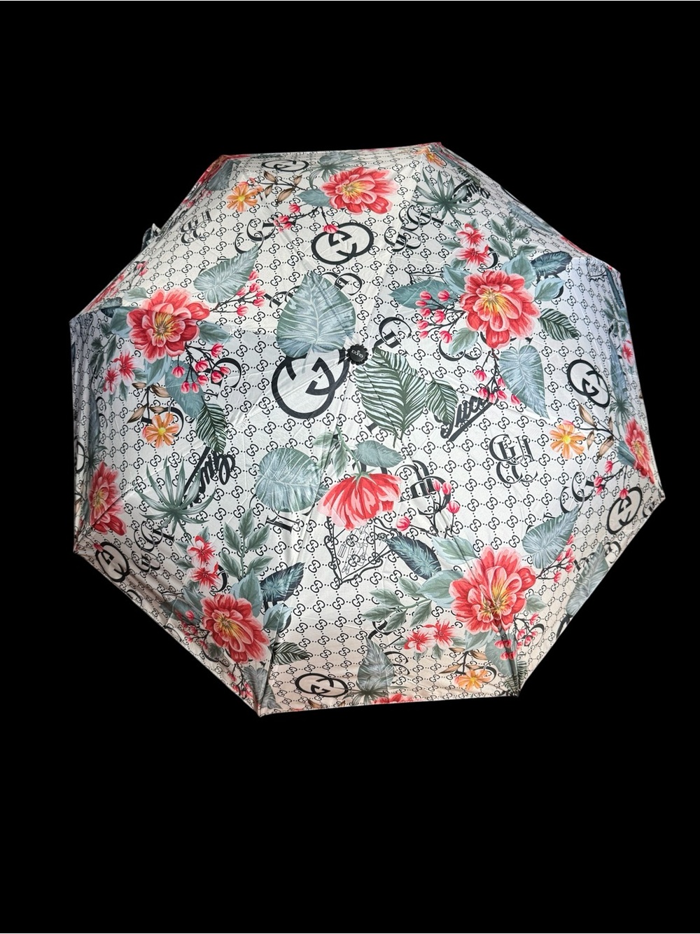 Designer Floral Logo Print Folding Umbrella - White with Pink Flowers